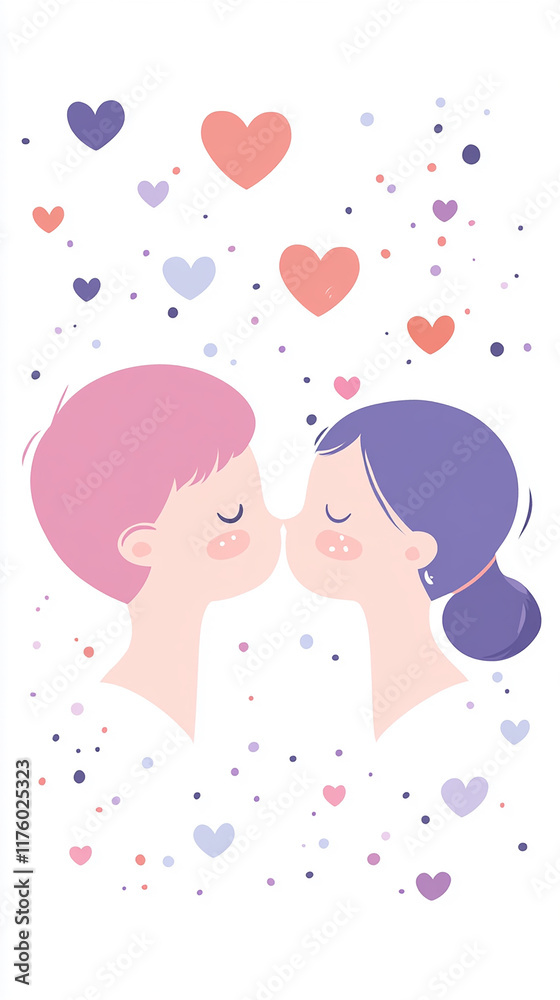 Cute cartoon couple kissing, graphic style, white background, simple design, simple illustration, solid color, pink and purple tones, loving hearts flying around them, empty space at the edges of the Cute cartoon couple kissing, graphic style, white background, simple design, simple illustration, solid color, pink and purple tones, loving hearts flying around them, empty space at the edges of the