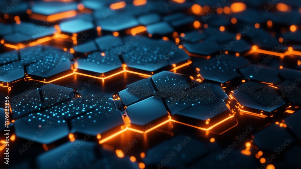 Futuristic hexagonal network structure with glowing orange edges and blue digital nodes Futuristic hexagonal network structure with glowing orange edges and blue digital nodes