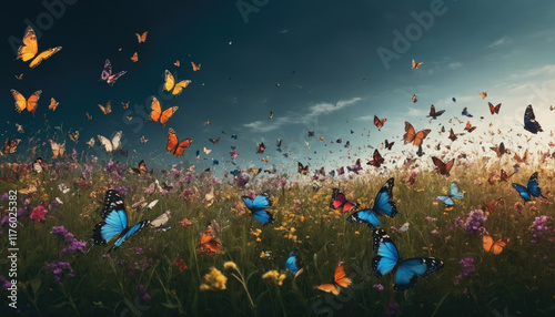 Colorful butterflies fluttering over a vibrant wildflower field at sunset