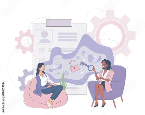 Psychologist with patient. Woman with mental and psychological problems. Diagnosis and treatment. Depression and frustration. Appointment with therapist. Linear vector illustration