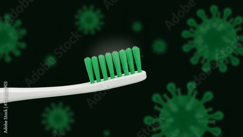 Toothbrush with green bristles and floating viruslike particles on dark background photo