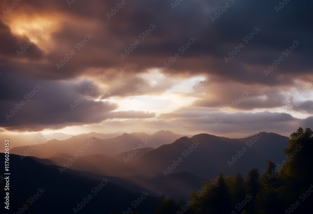 Fototapeta premium paint mountains sunrise filled sky rays dramatic clouds lig Sunset