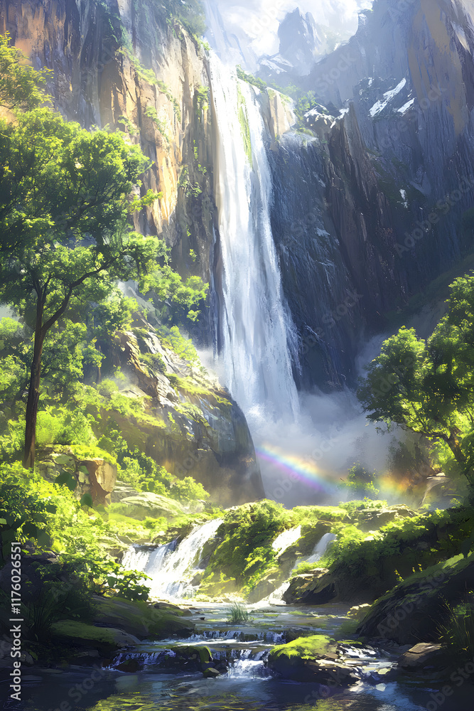 Naklejka premium Majestic Yosemite Falls: Nature's Grand Tapestry of Water and Greenery in California's Iconic Park
