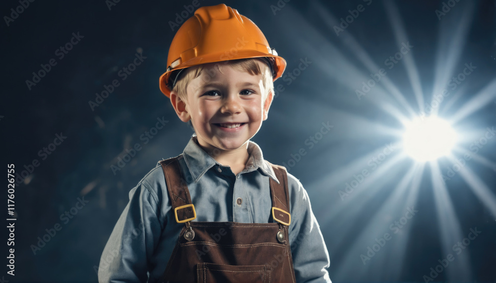 Happy child wearing construction hat poses with a smile in a bright workshop setting Happy child wearing construction hat poses with a smile in a bright workshop setting