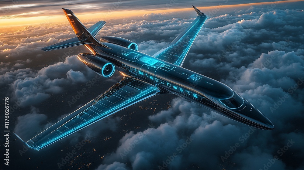 Obraz premium A futuristic jet flying above clouds during sunset with glowing accents.