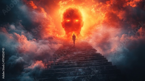 Man ascends stairs towards fiery head in clouds. photo