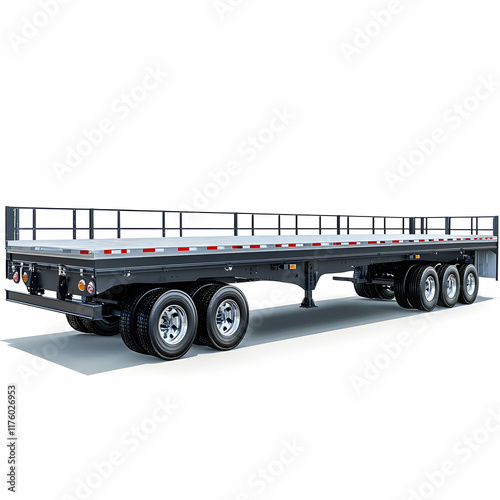 Isolated flatbed semi-trailer on white background.  Shows details of the chassis, wheels, and safety features. photo