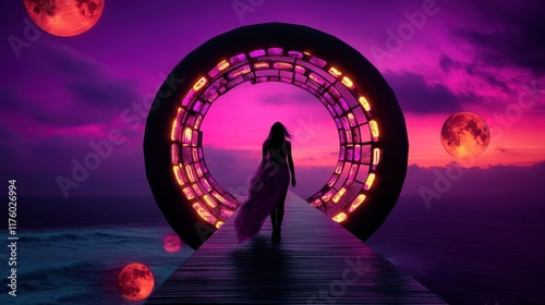 A silhouetted woman walks towards an illuminated portal under a vibrant, otherworldly sky with numerous moons, evoking wonder, mystery, and futuristic dreams.
