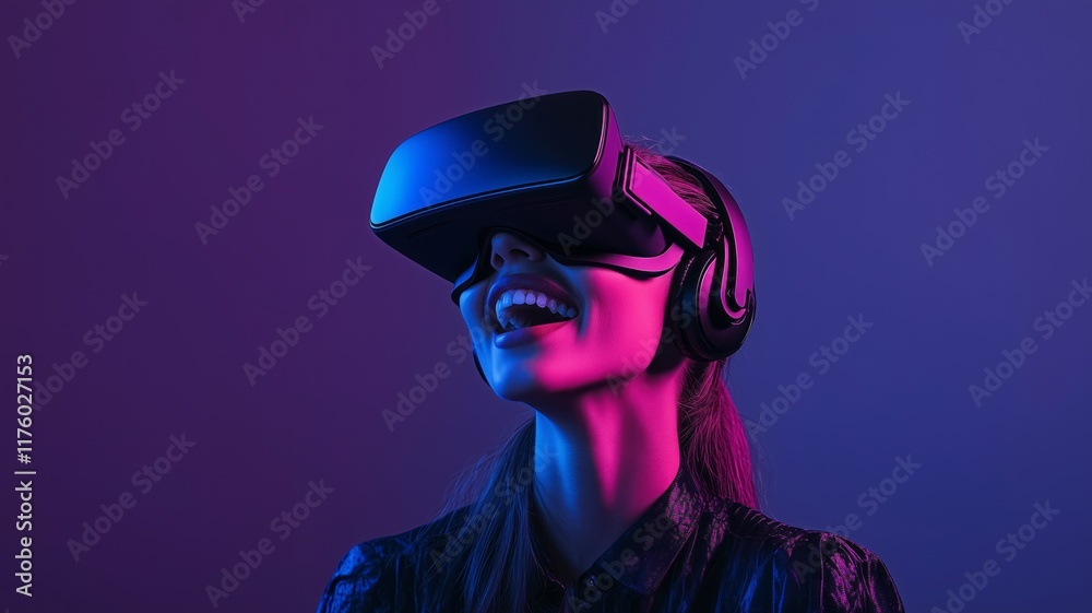 A cheerful woman wearing a virtual reality headset, immersed in a futuristic digital experience