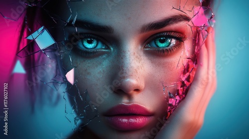 A captivating woman with striking blue eyes, surrounded by shattered glass, representing strength and vulnerability in an evocative, surreal composition.