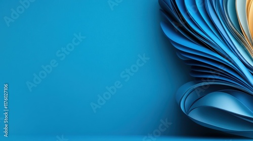 This piece features intricately folded layers of blue paper art, creating a stylish abstract display that exudes modernity, sophistication, and artistic intensity. photo