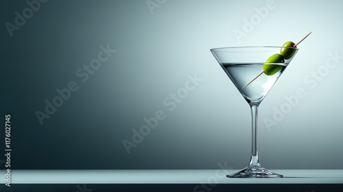 A sophisticated martini glass is showcased with a toothpick holding two olives, conveying a sense of elegance and simplicity in beverage presentation.