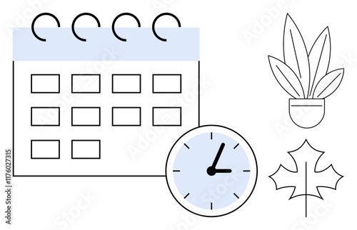 Calendar with ring binder, clock showing time, potted plant, and maple leaf. Ideal for productivity, time management, season change, planning scheduling nature environment concepts. Abstract line