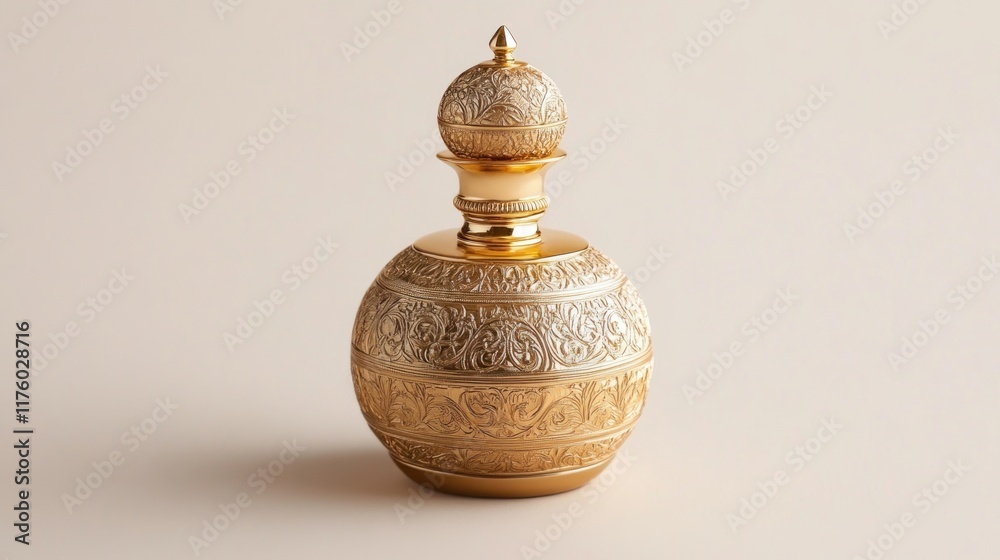 Ornate golden perfume bottle with intricate carvings on a beige background.