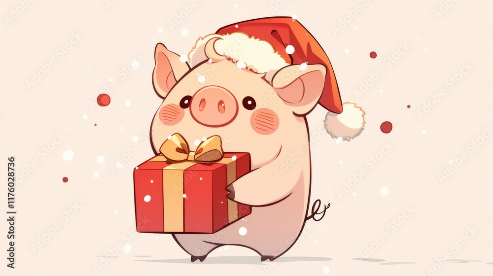 Naklejka premium Cute Pig Holding Christmas Present in Santa Hat, Hand-Drawn Doodle