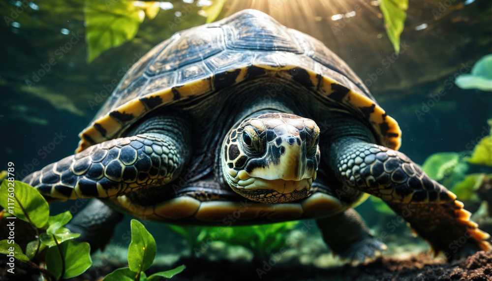Obraz premium Majestic turtle swimming through lush underwater vegetation in a serene aquatic environment