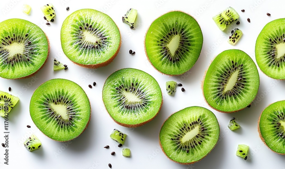 Fototapeta premium fresh kiwi fruit slices on white background with vibrant green texture