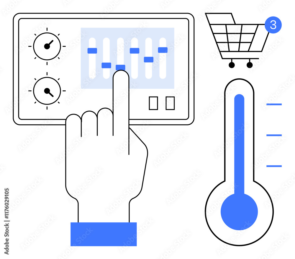 Hand adjusting control panel settings with sliders and dials, thermometer with blue levels, shopping cart icon with notification indicator. Ideal for technology, smart home, shopping, notifications Hand adjusting control panel settings with sliders and dials, thermometer with blue levels, shopping cart icon with notification indicator. Ideal for technology, smart home, shopping, notifications