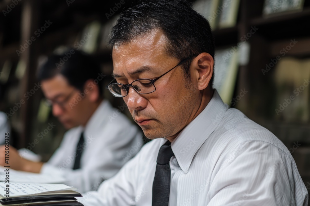 静かな図書室で本を読んでいる男性たちの姿 静かな図書室で本を読んでいる男性たちの姿