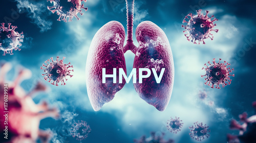 HMPV public health risk disease. Infected human lungs and virus background. photo