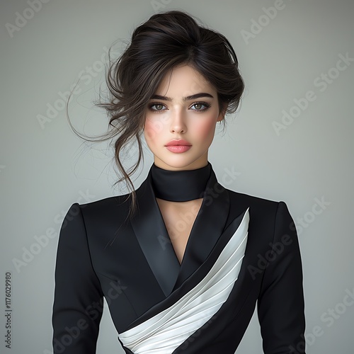 Fashion-forward woman with smooth, glowing complexion in a chic, modern fashion outfit. High-fashion pose exuding timeless elegance and photogenic beauty. 