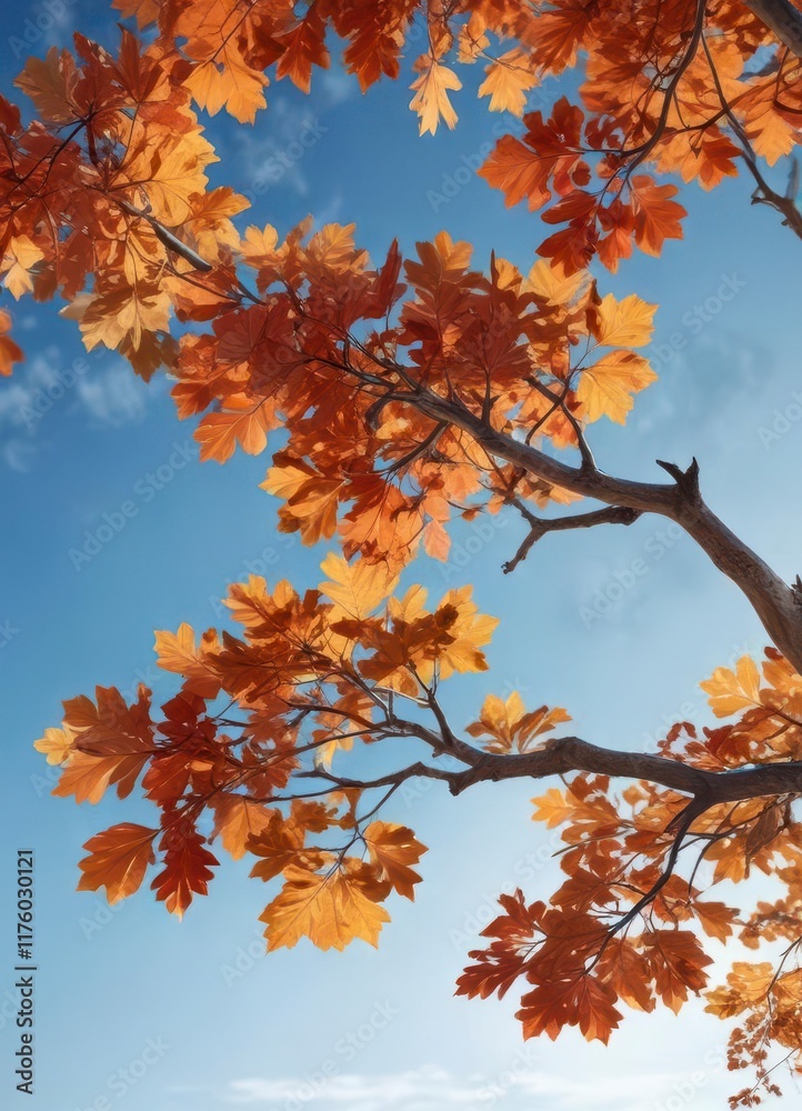 A lone oak branch heavy with vibrant orange red yellow leaves against blue sky, oak branch, fall color A lone oak branch heavy with vibrant orange red yellow leaves against blue sky, oak branch, fall color