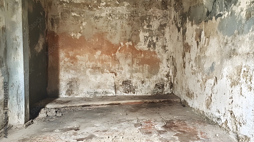 features a dilapidated and weathered room with cracked walls and a worn-out appearance, evoking a sense of abandonment and neglect features a dilapidated and weathered room with cracked walls and a worn-out appearance, evoking a sense of abandonment and neglect