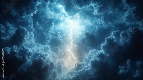 Dramatic Thunderstorm with Lightning in the Center on Blue Sky Background. Generative AI photo