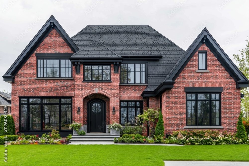 Modern brick house with large windows and manicured garden in a suburban neighborhood showcasing elegant architectural design Modern brick house with large windows and manicured garden in a suburban neighborhood showcasing elegant architectural design