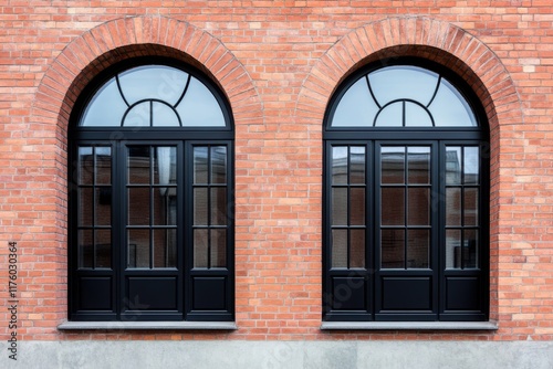 Charming black windows elegantly outlined by a traditional red brick wall highlight the stunning architectural beauty of a modern building