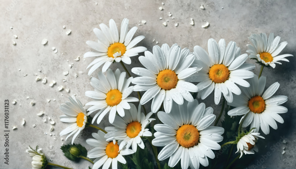 Obraz premium Beautiful white daisies arranged on a textured surface create an elegant floral display in natural light
