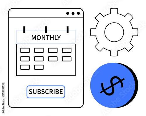 Calendar marked MONTHLY, subscribe button, gear, and dollar sign. Ideal for digital marketing, SaaS, productivity tools, automation service plans budgeting recurring payments. Abstract line flat