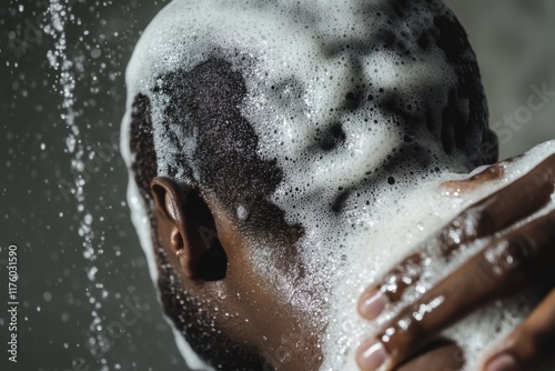 Close up of man lathering soap foam with hands in a shower.