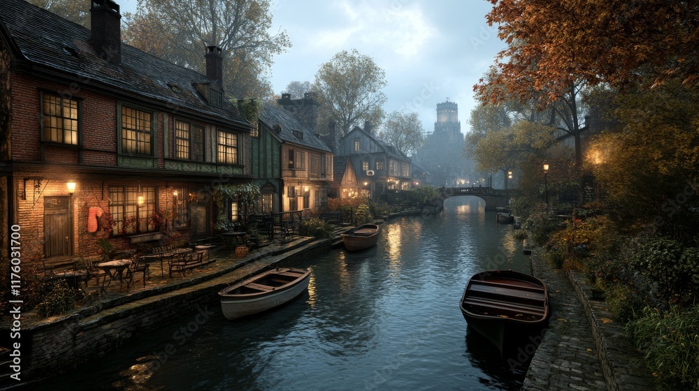 Fototapeta premium Amidst dark trees under the moon's watchful gaze, eerie houses shimmer with glowing lights