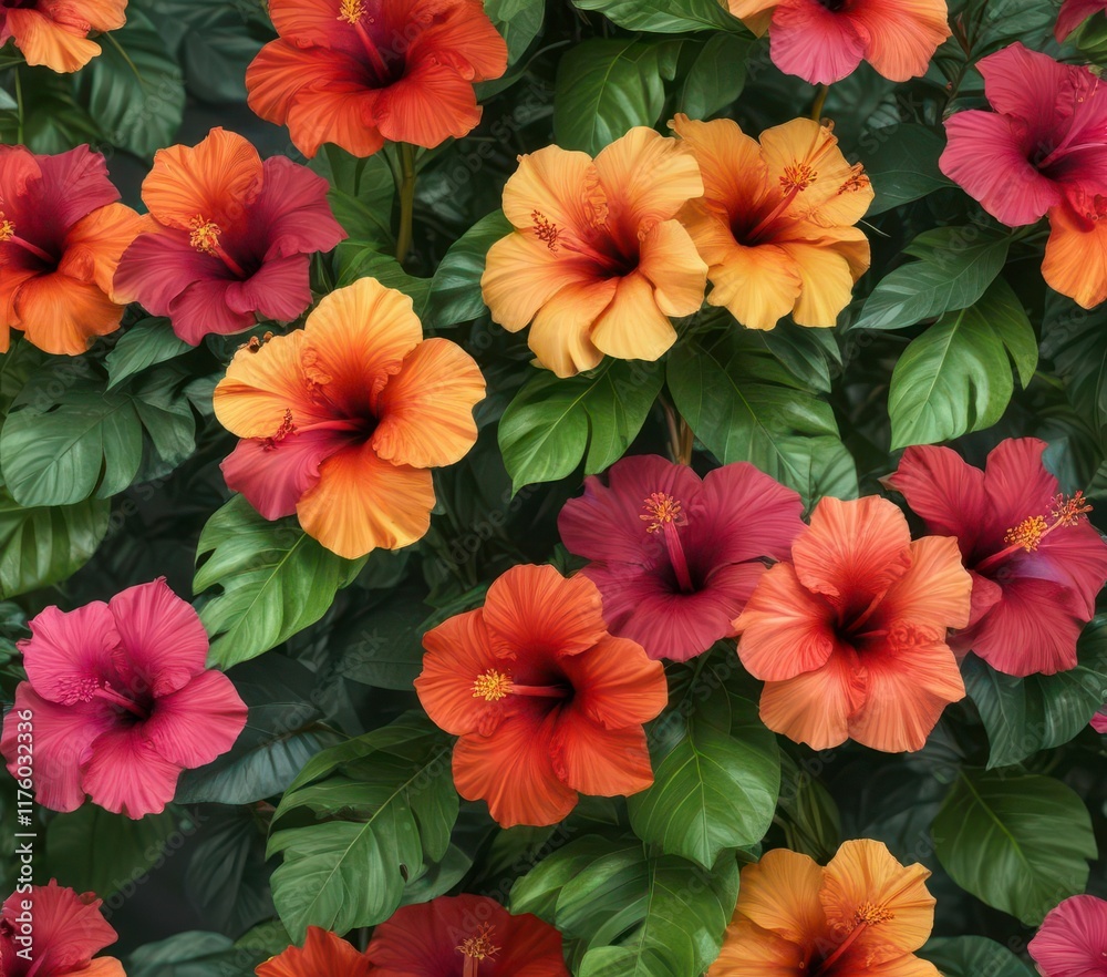 Colorful Hibiscus flowers in a cluster on a tropical leaf stem, tropical garden scene, flower bunch Colorful Hibiscus flowers in a cluster on a tropical leaf stem, tropical garden scene, flower bunch