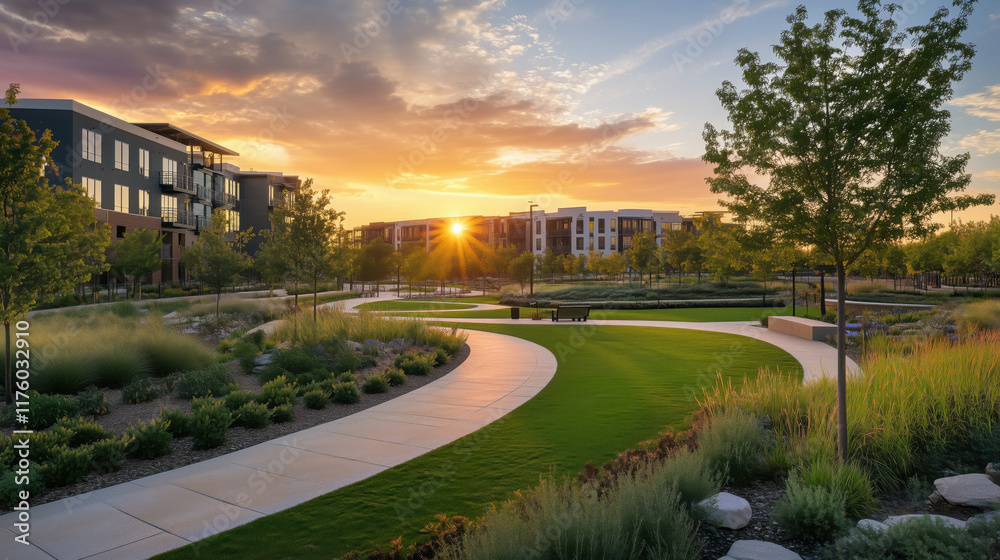 Picturesque Urban Park During a Colorful Sunset with Vibrant Green Lawns, Shaded Walking Paths, and the Golden Light of the Setting Sun Casting a Warm Glow Over the Scene, Surrounded by Sleek City Apa Picturesque Urban Park During a Colorful Sunset with Vibrant Green Lawns, Shaded Walking Paths, and the Golden Light of the Setting Sun Casting a Warm Glow Over the Scene, Surrounded by Sleek City Apa
