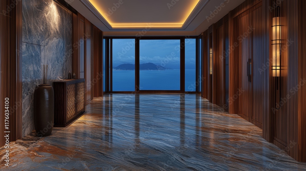 Fototapeta premium Japanese-inspired minimalist living room characterized by large windows, neutral tones, and natural materials
