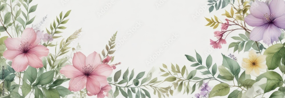 Fototapeta premium Delicate watercolor flowers and leaves on white background, leafy greens, floral design