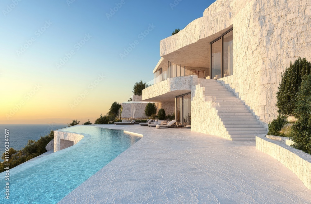 Fototapeta premium Minimalist white building with a pool and stairs included