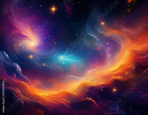 a nebula like space scene with swirling clouds stars and a spectrum of colors ranging from deep purples to bright oranges and yellows photo