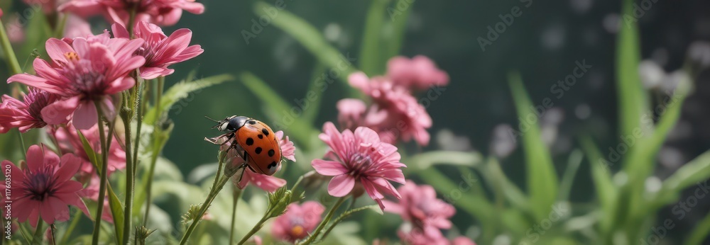A ladybug perched on a delicate flower stem, surrounded by vibrant blooms, colors, flowers A ladybug perched on a delicate flower stem, surrounded by vibrant blooms, colors, flowers