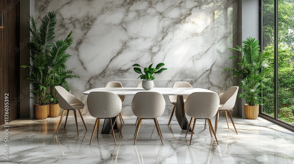 Modern Dining Room with Marble and Plants. Generative AI Modern Dining Room with Marble and Plants. Generative AI