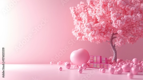 Pink Valentine's Day Themed Table with Clay Materials, Candy Tree, and Blind Box Toys in Cartoon Style,