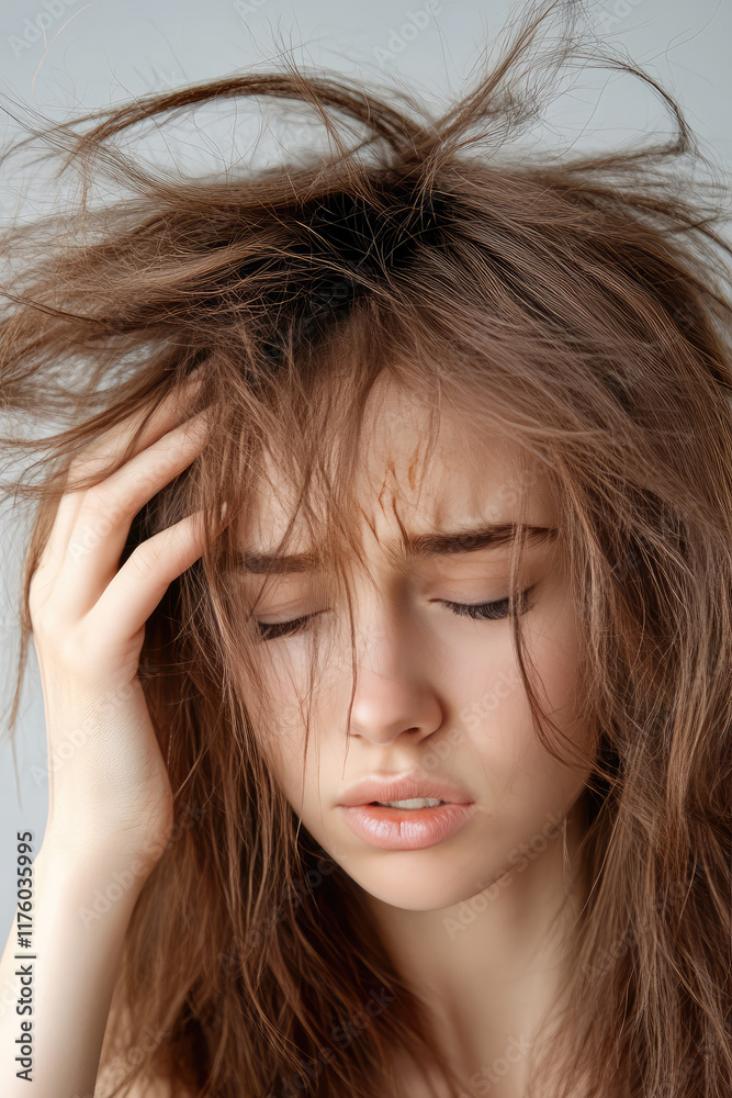 A sad young woman with ruined dry shaggy hair. Concept of dehydrated hair, brittle after coloring A sad young woman with ruined dry shaggy hair. Concept of dehydrated hair, brittle after coloring