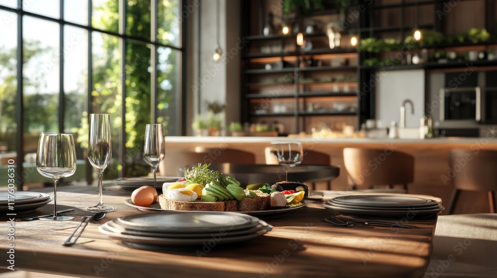 Sunlit modern dining room with breakfast table setting. Sunlit modern dining room with breakfast table setting.