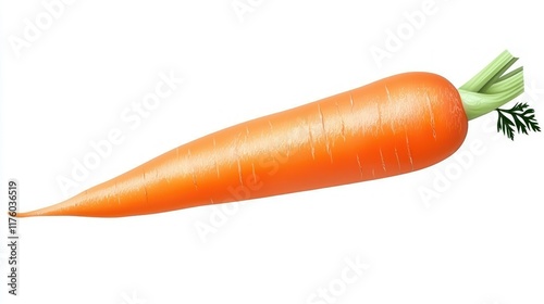 A vibrant orange carrot with green leaves at the top.