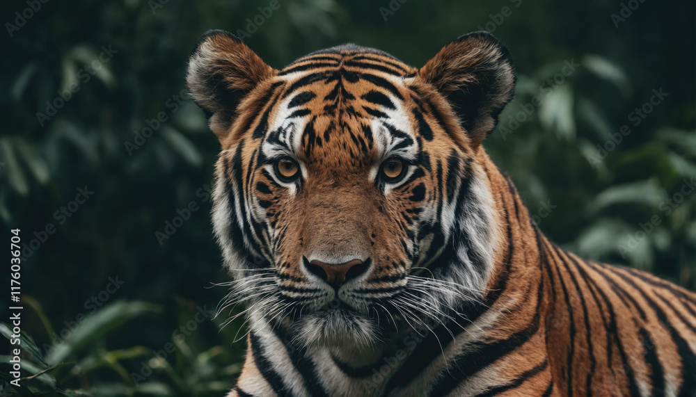 Fototapeta premium Majestic tiger resting amidst lush greenery in a tranquil jungle setting
