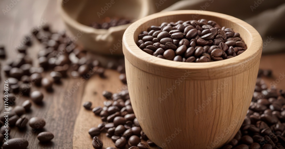 Fototapeta premium Close-up of wooden cup filled with coffee beans and topped with a lid , cup, lid