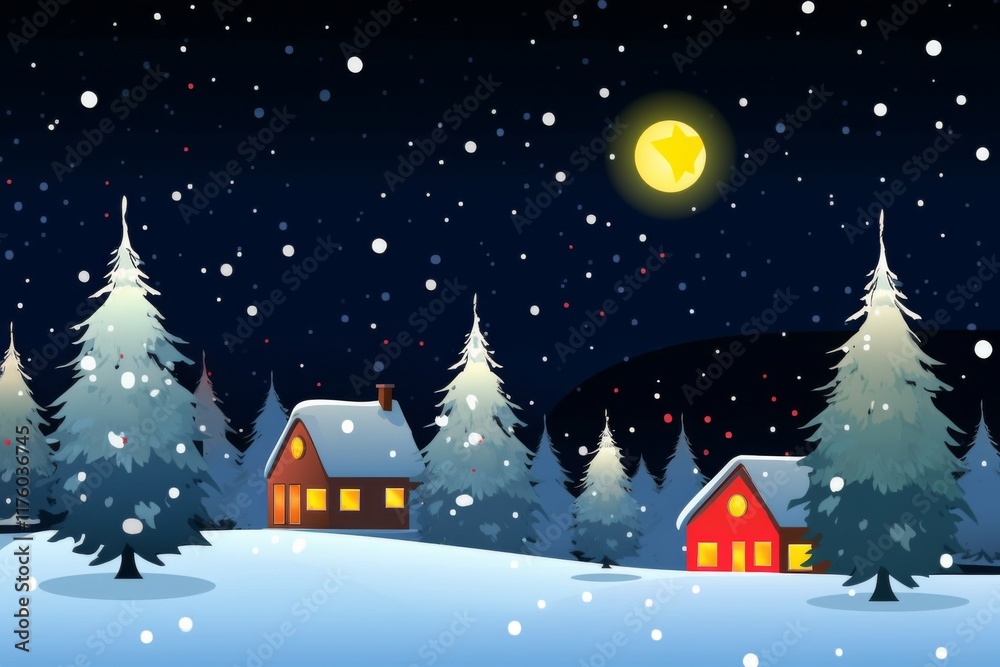 Snowy Christmas Night Scene with Village and Christmas Tree, Starry Sky Snowy Christmas Night Scene with Village and Christmas Tree, Starry Sky