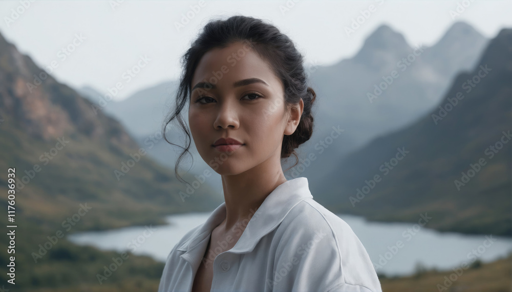 Portrait of a woman in a remote mountainous landscape during early morning with a lake in the background Portrait of a woman in a remote mountainous landscape during early morning with a lake in the background